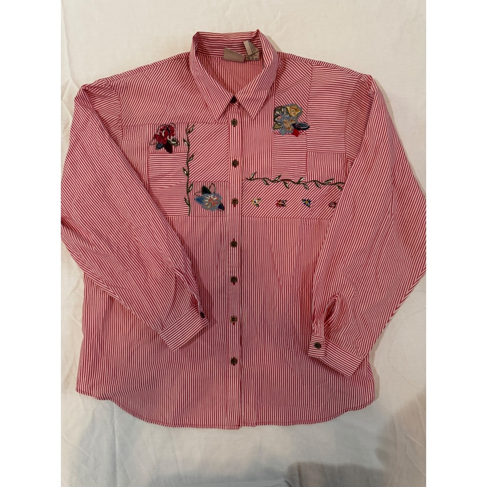 Vtg 90s Koret Floral Embroidered Red Striped Blouse Cottagecore Granolagirl XL
